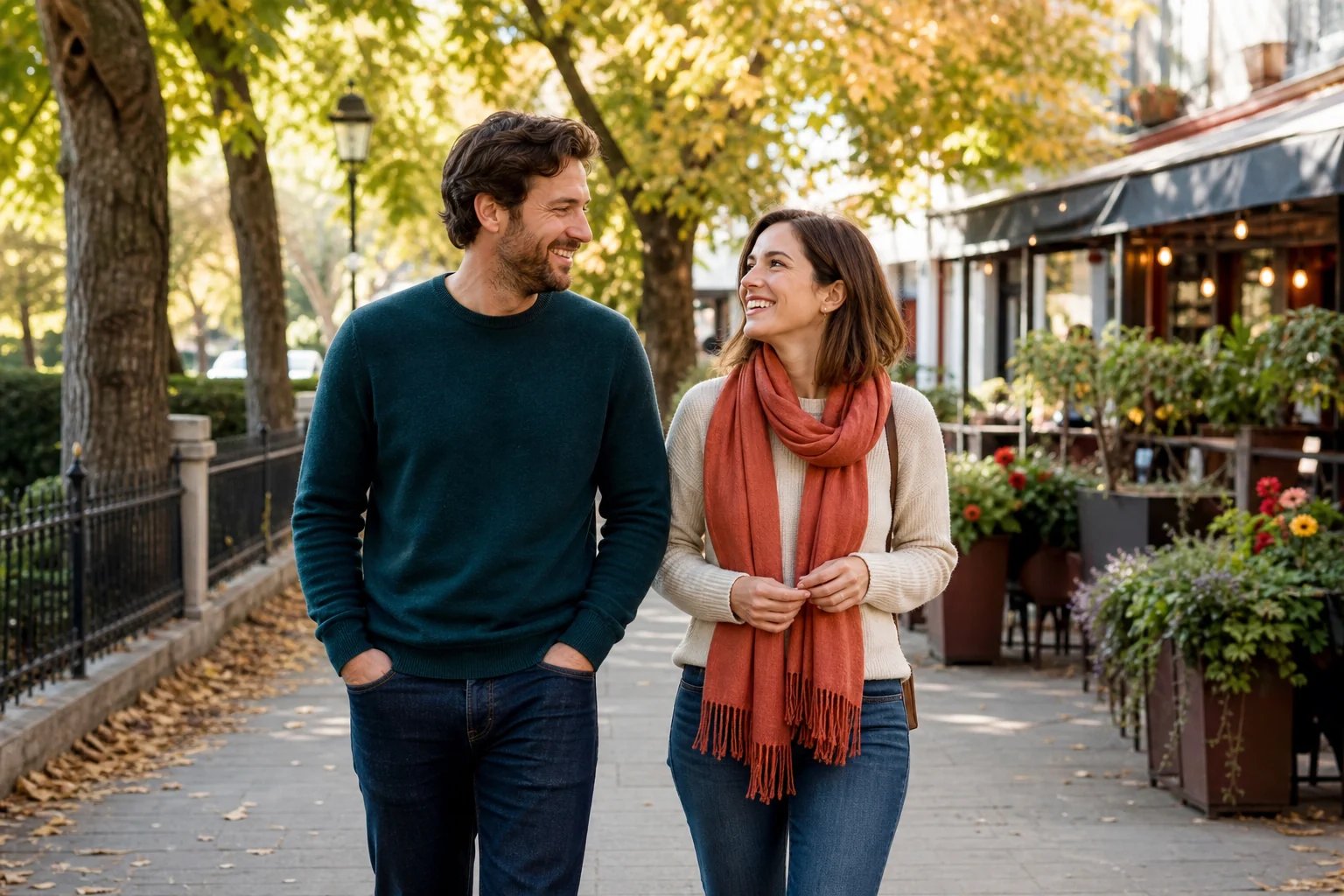 A couple talking naturally during a relaxed first-date walk