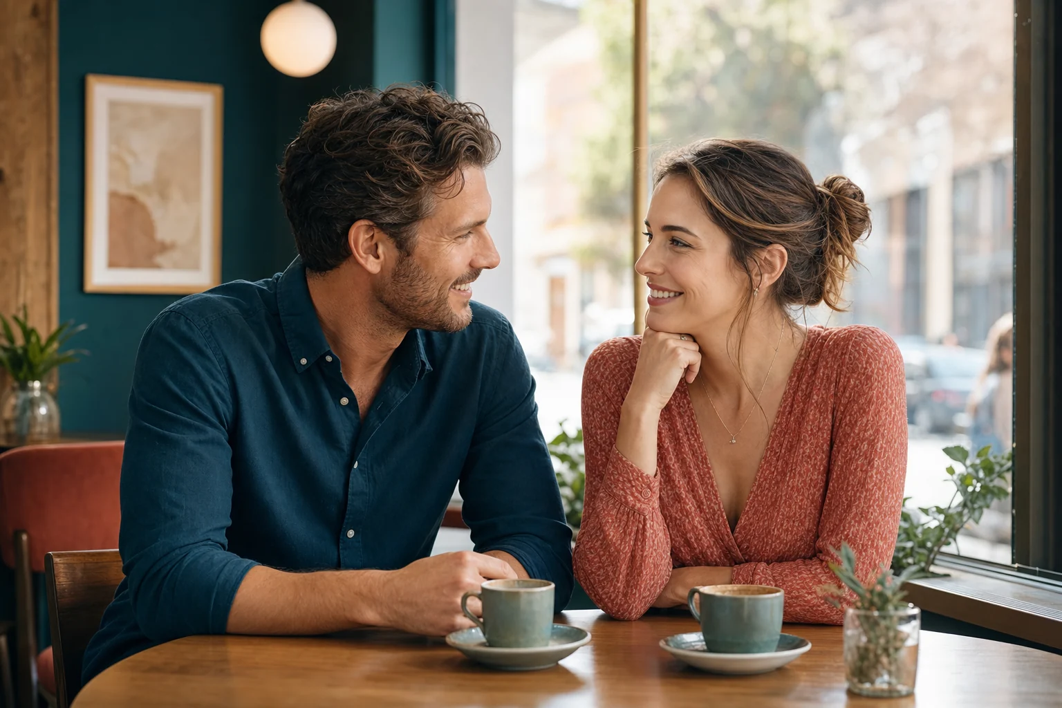A couple enjoying a comfortable first-date conversation