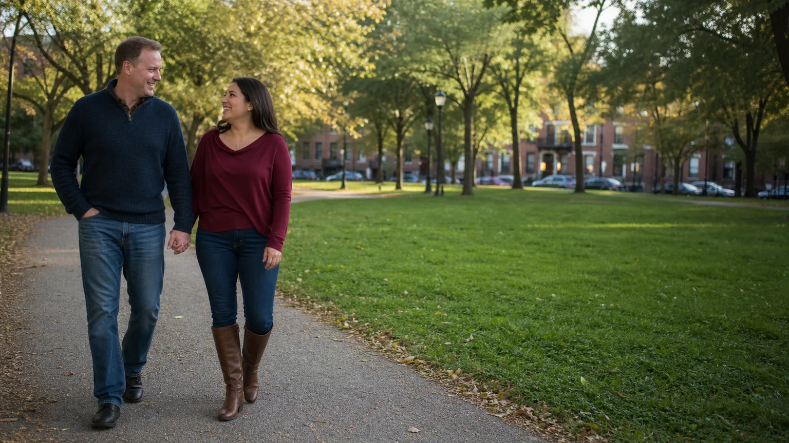 A couple enjoying a relaxed walk together in a leafy city park