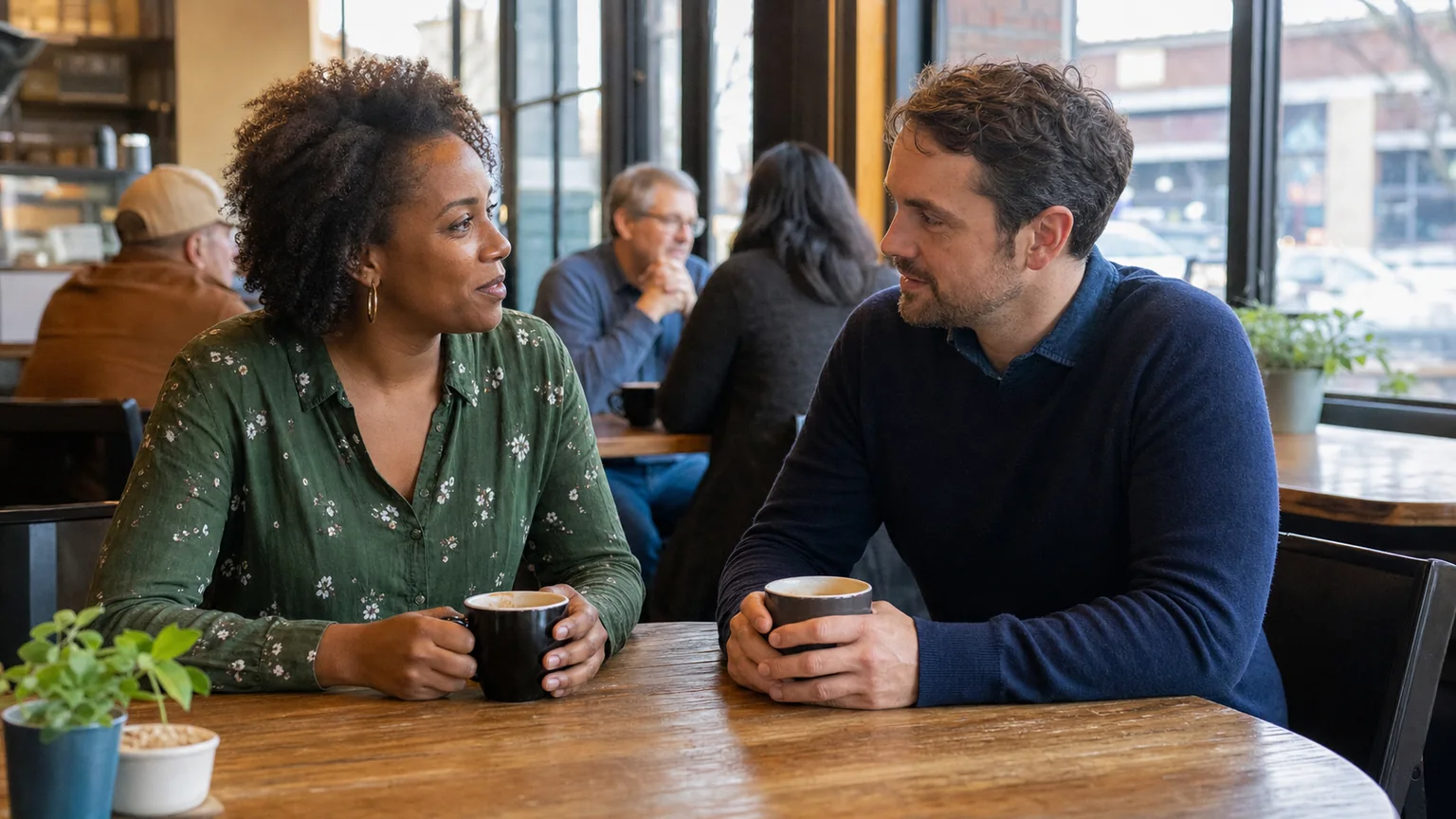 Two adults having a calm and attentive conversation over coffee