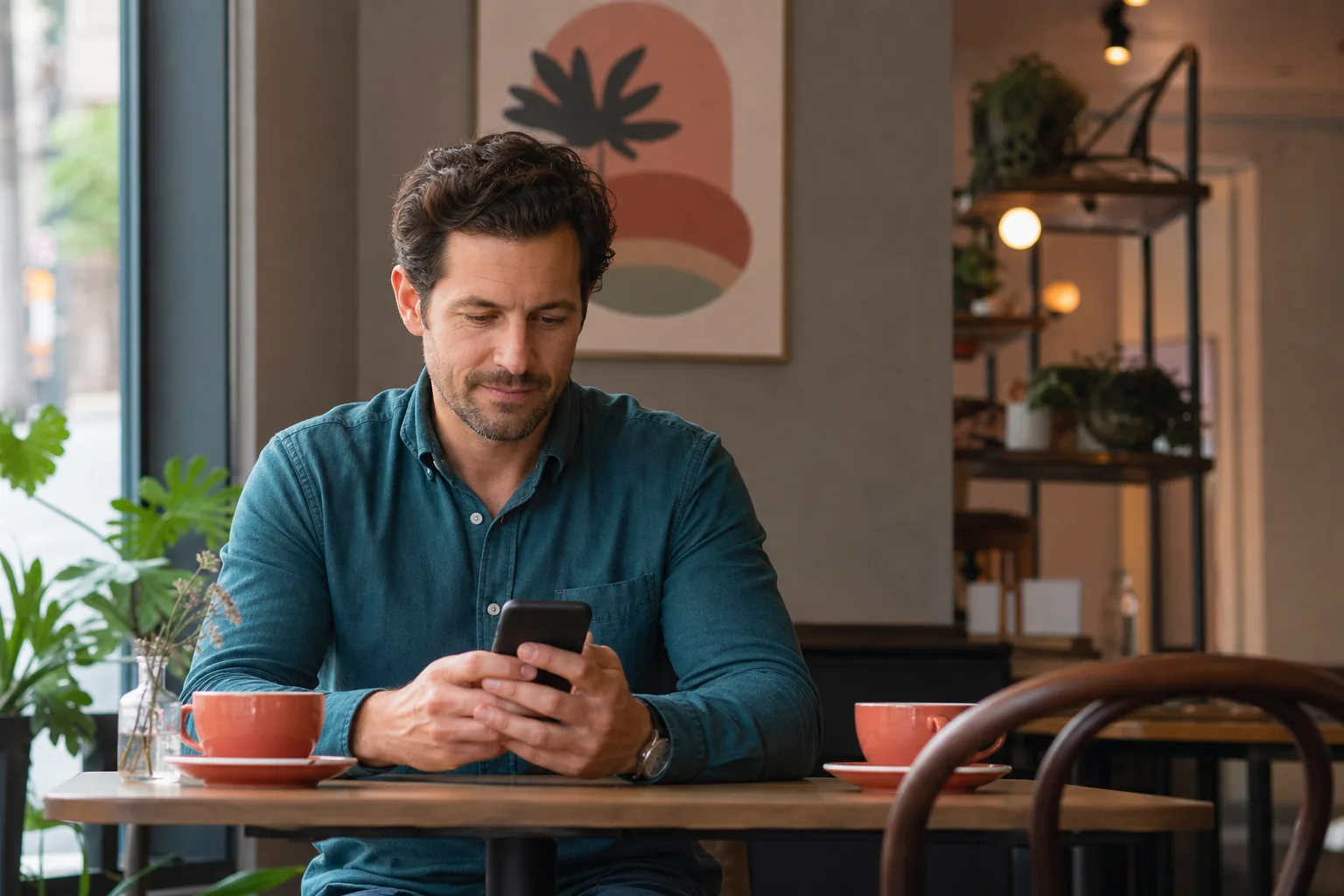 A man thoughtfully writing an important dating message in a quiet cafe