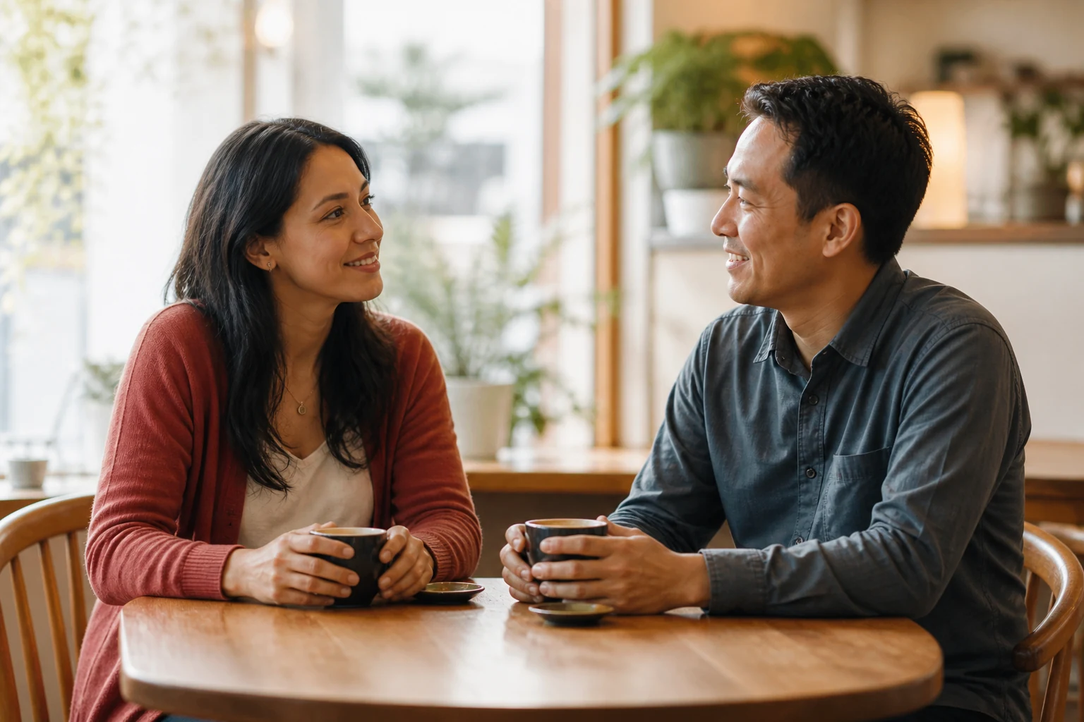 Two adults sharing a relaxed coffee and conversation at a neighborhood cafe