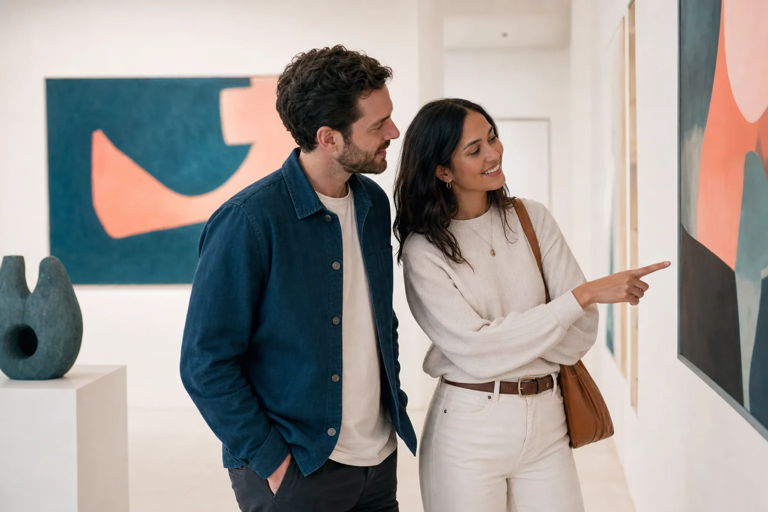 A couple enjoying a low-pressure first date at an art gallery
