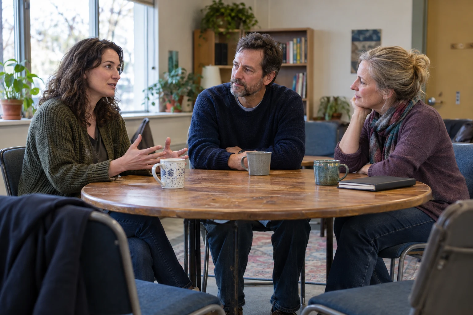 Three adults listening and talking around a table in a small community room