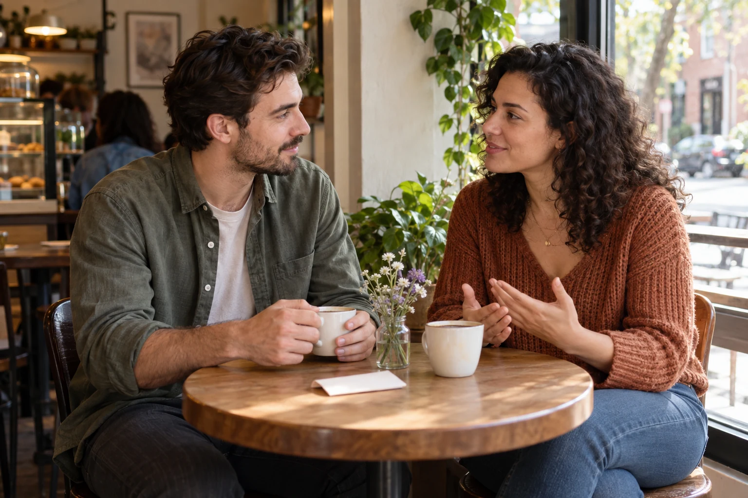 Two adults having a calm and attentive conversation over coffee at a neighborhood cafe