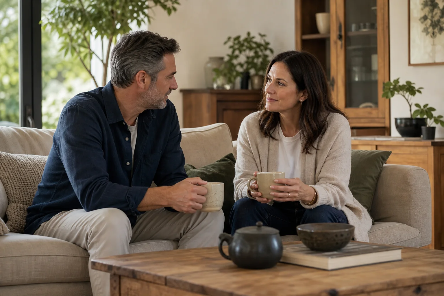 A couple sharing a calm and open conversation at home