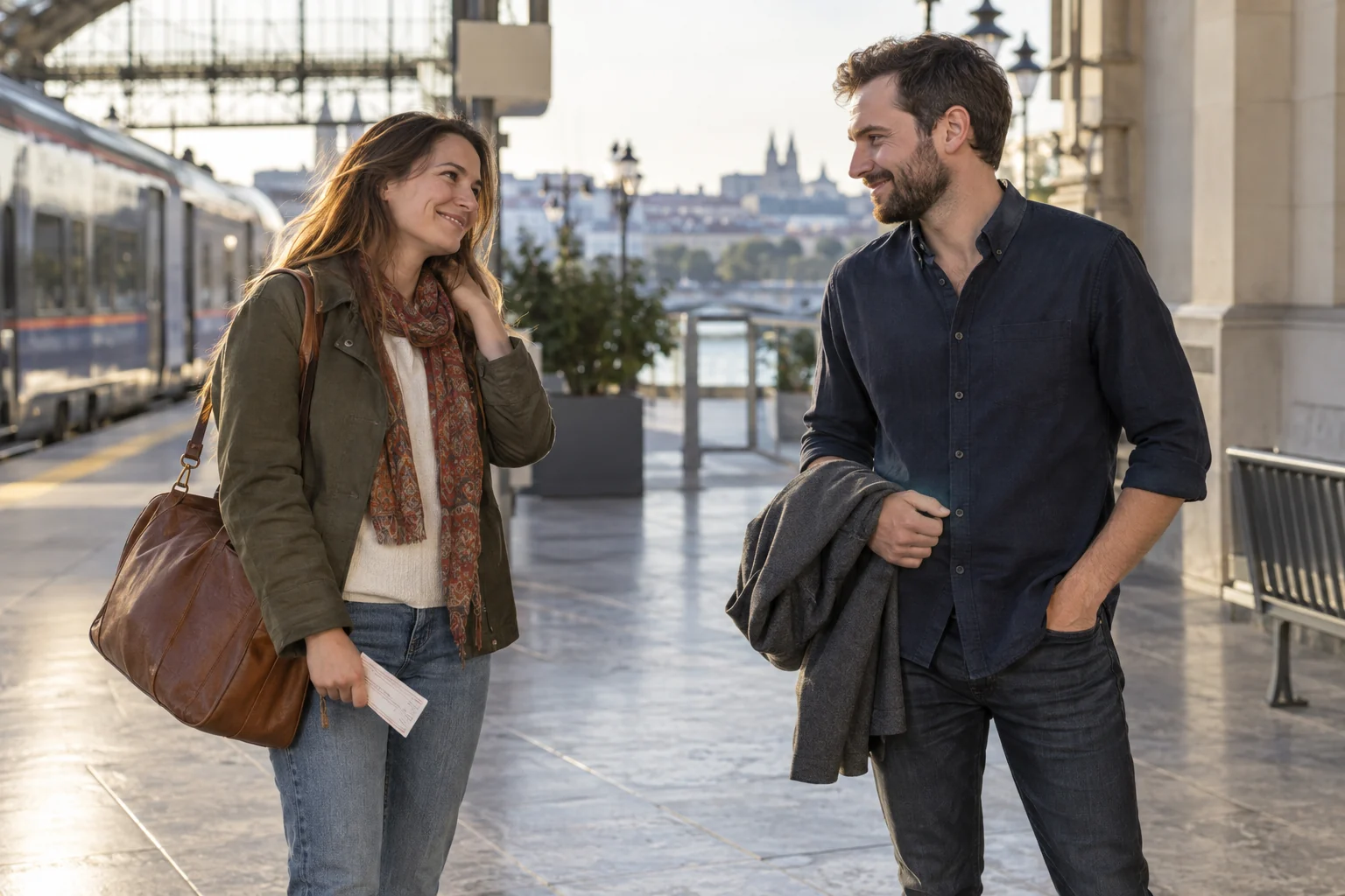Two adults greeting each other at a train station after a journey, with an overnight bag and ticket