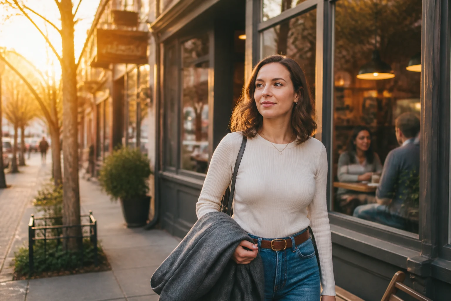An adult leaving a neighborhood cafe with calm confidence at golden hour