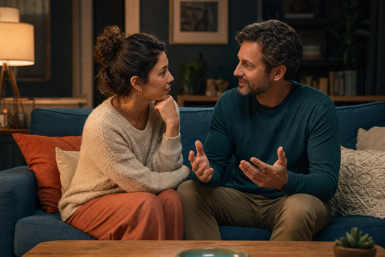A couple having an open relationship conversation at home