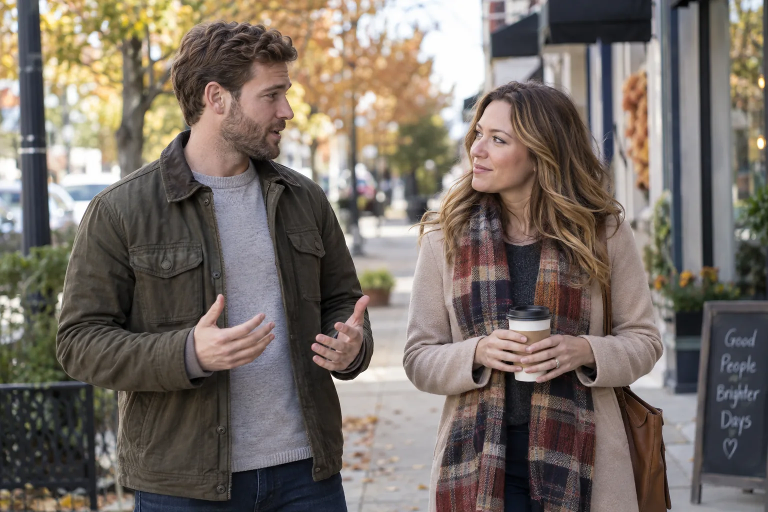 A couple pausing for an attentive conversation during a neighborhood walk