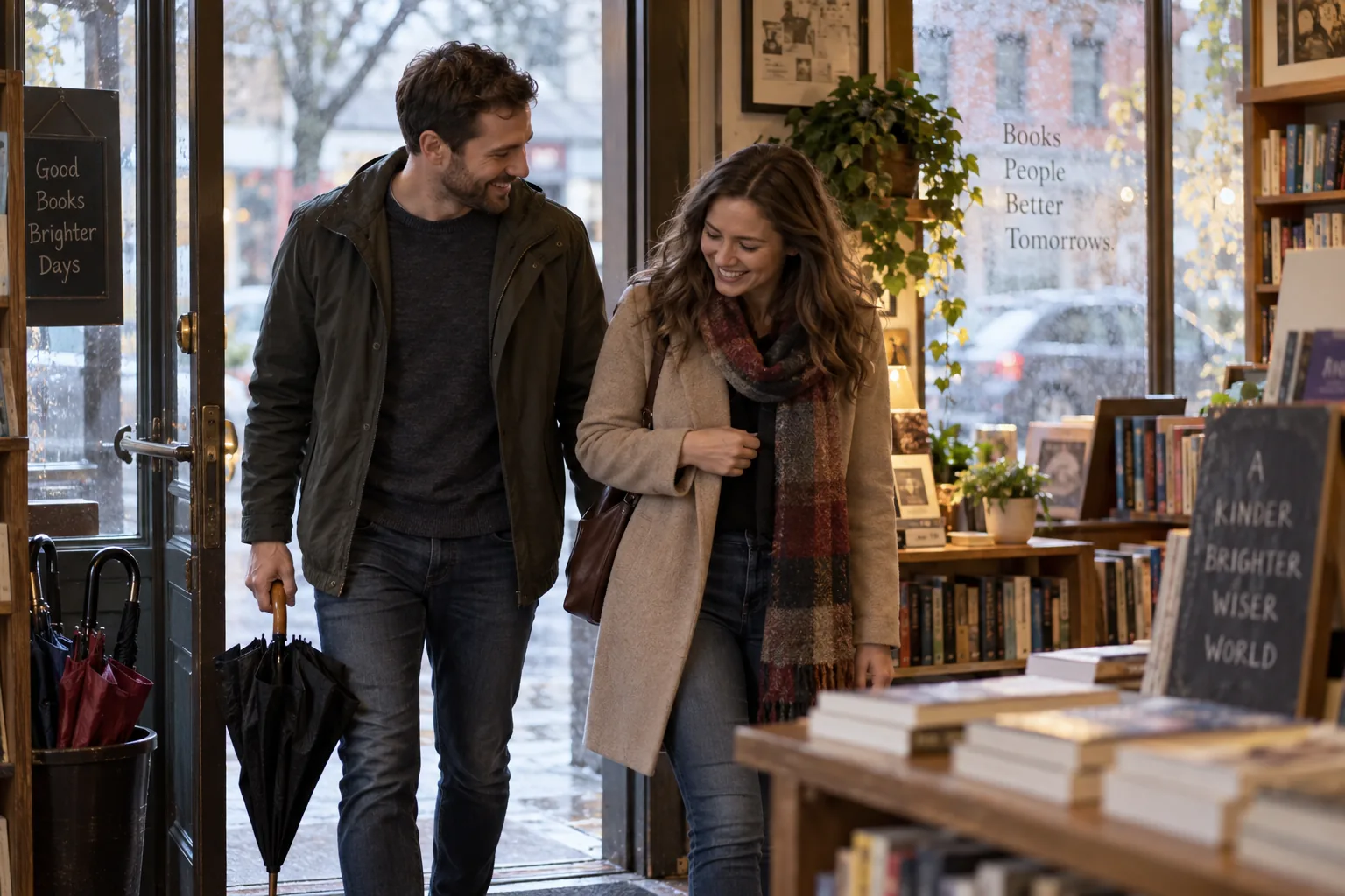 A couple arriving together at an independent bookstore