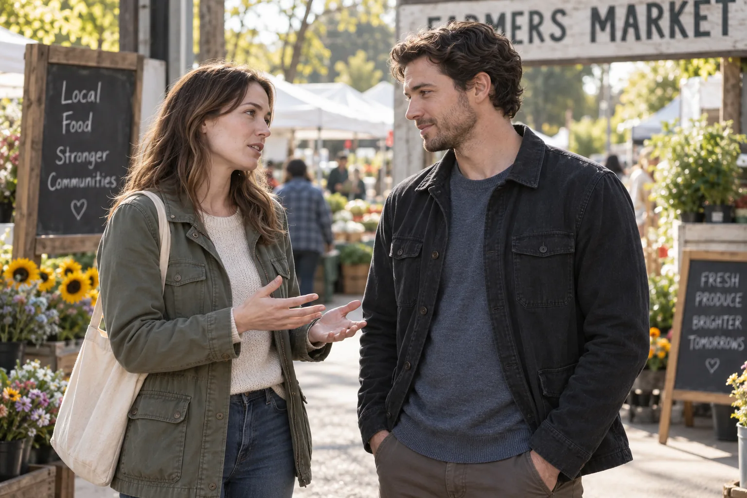 A couple talking kindly outside a farmers market